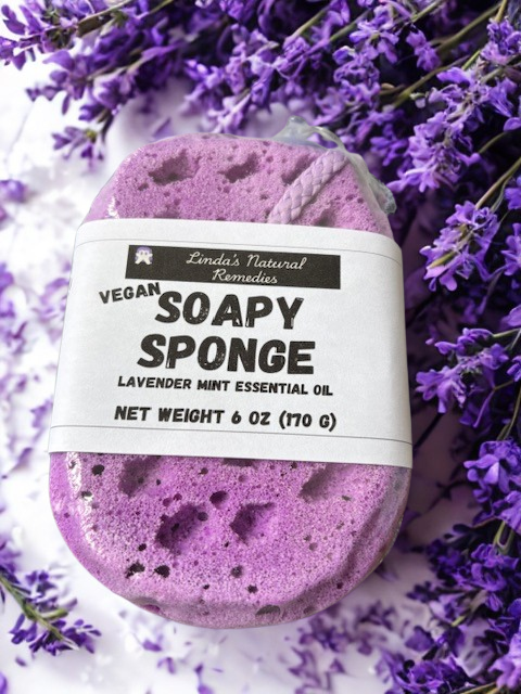 Soothing Lavender and Peppermint essential oil soap-infused sponge with calming purple mica.