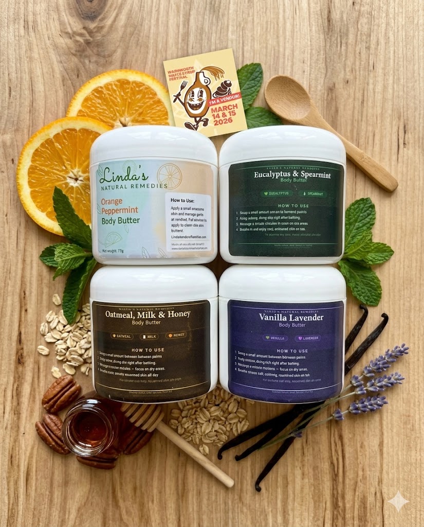 Four 4oz white jars of Linda's Natural Remedies Natural Whipped Body Butter, filled to the brim with creamy, white whipped texture. The jars are arranged on a bright, Spring-themed surface, showcasing the different scent options for deep, waterless hydration.