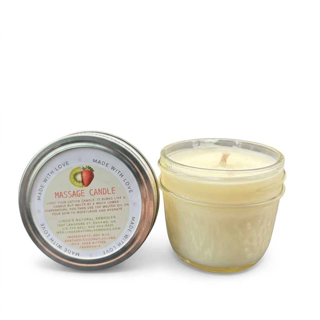 Melt and Massage Candle with its labelled lid on white
