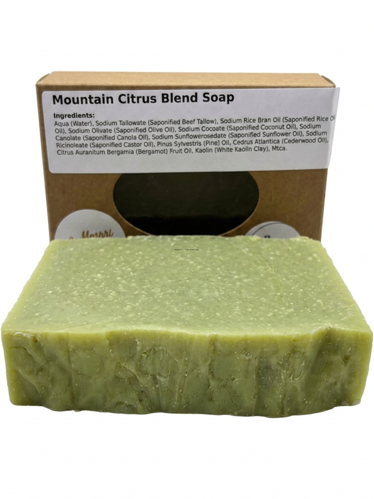 Mountain Citrus Blend soap bar displayed against a clean white background, showcasing its textured surface and natural elements