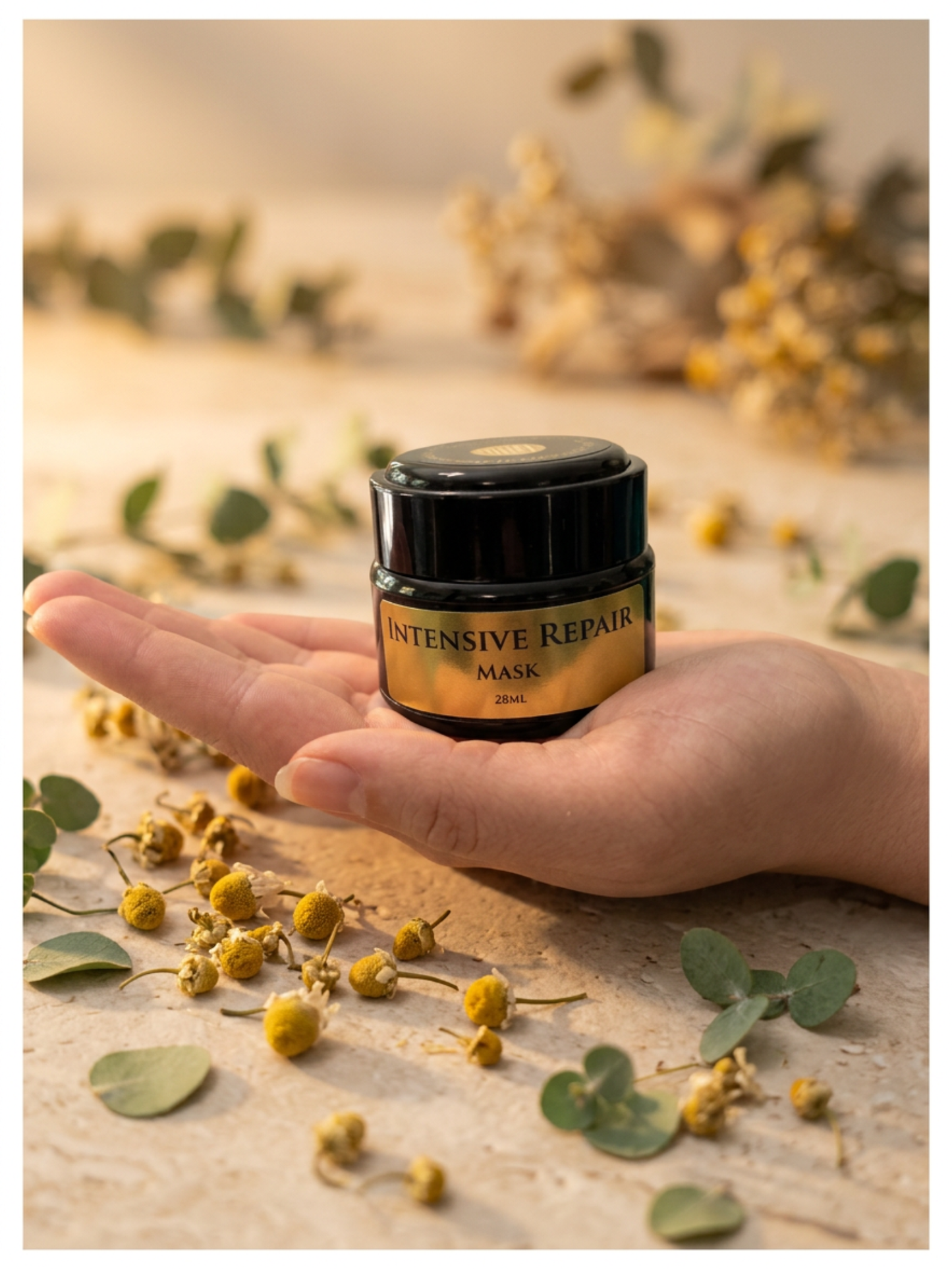 Hand holding a jar of 'Intensive Repair Mask' surrounded by dried flowers and leaves on a wooden surface.