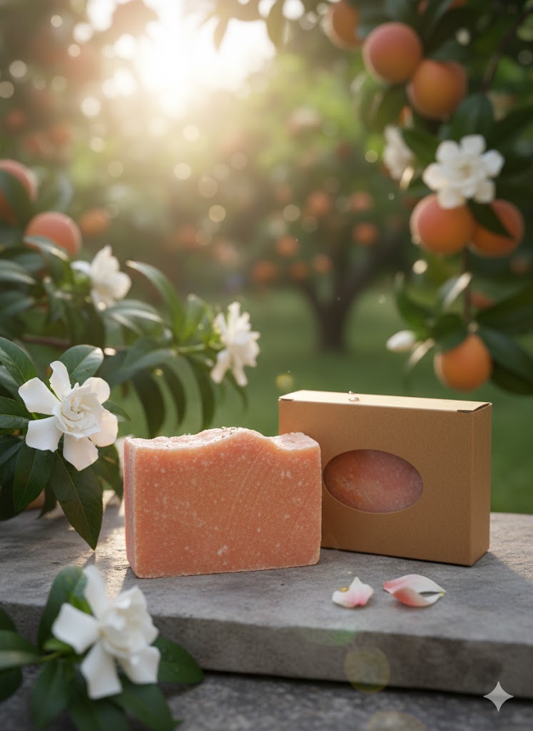 Soap bar surrounded by peaches and gardenias.