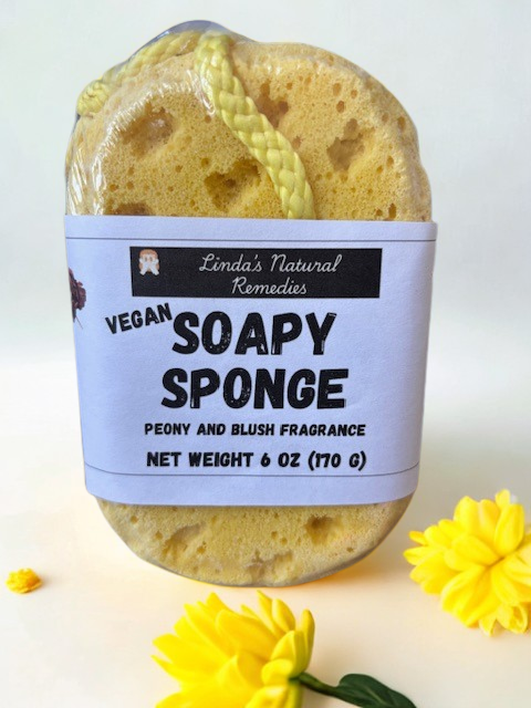Soft floral Peony and Blush fragrance soap-infused sponge with shimmering mica.