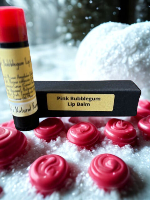 Pink Bubblegum flavored small-batch lip balm.