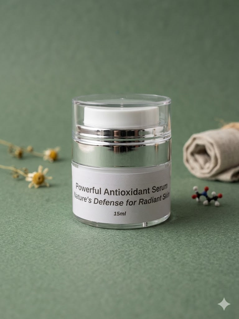 A professional product shot of the 15ml Powerful Antioxidant Serum by Linda's Natural Remedies. The clear and silver airless pump bottle is centered on a sage green textured background, surrounded by delicate dried chamomile flowers and botanical accents.