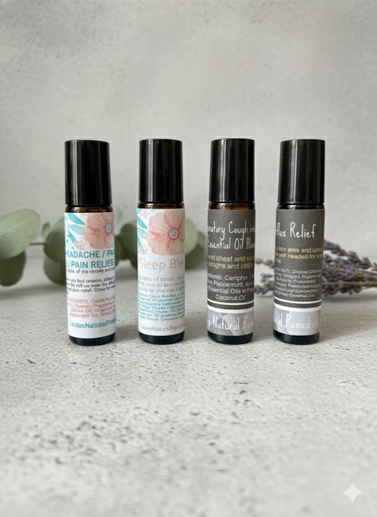 Linda's Natural Remedies Nature's Wellness Essential Oil Blends collection in 10ml amber glass rollers.