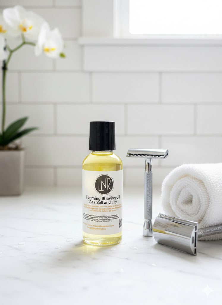 A clear bottle of Sea Salt and Lily Foaming Shaving Oil with a black cap. The product is displayed on a marble counter.