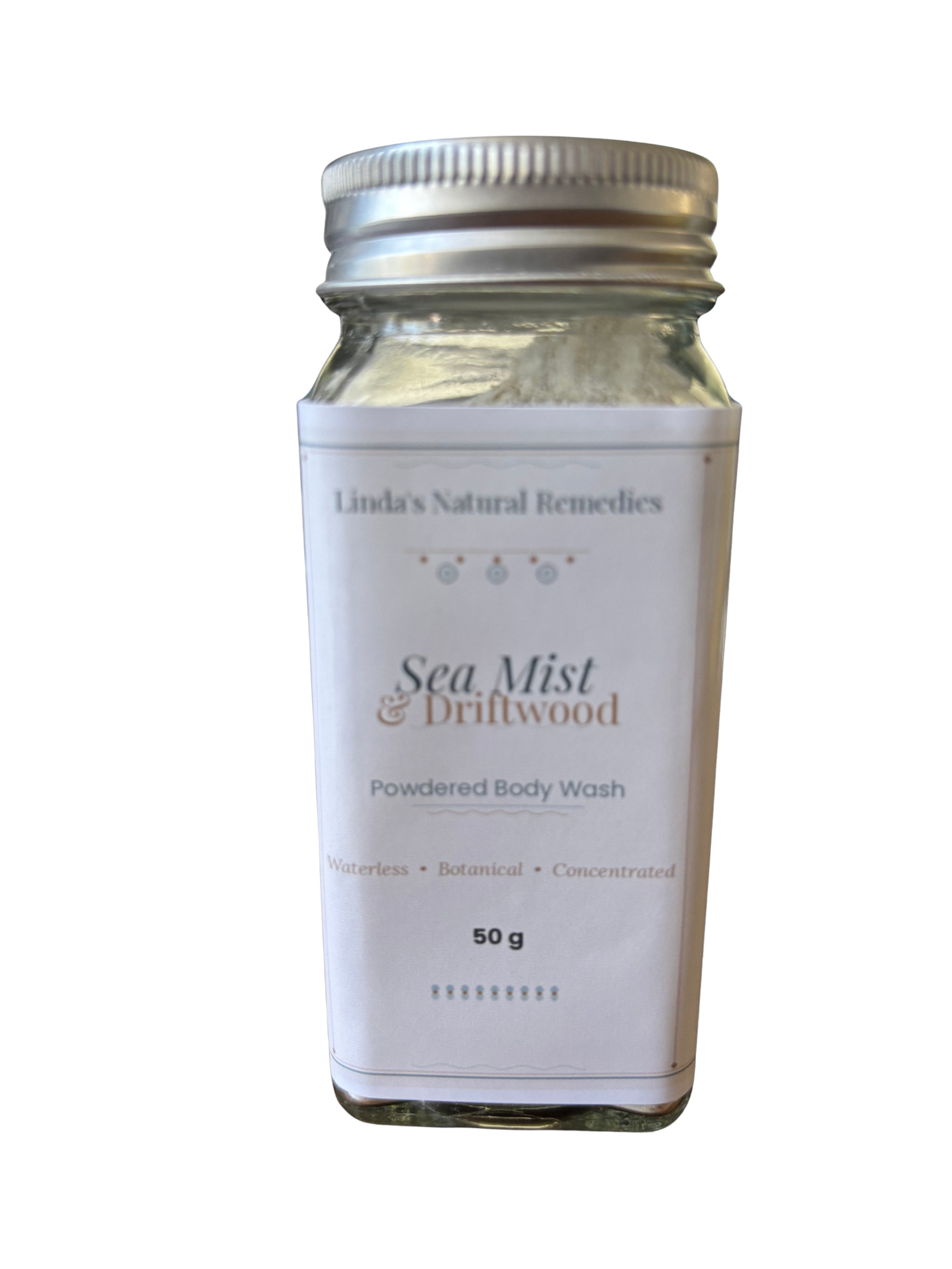 Jar of Linda's Natural Remedies Sea Mist & Driftwood Powdered Body Wash on a white background