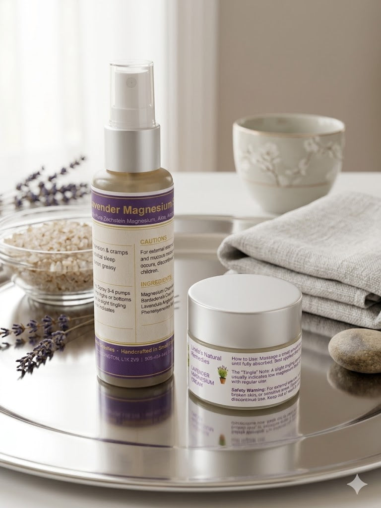 Two skincare products on a tray with lavender and stones in the background