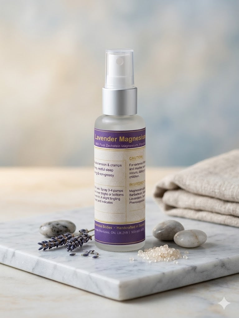 A 60ml frosted glass spray bottle of Linda's Natural Remedies Lavender Magnesium spray with a silver sprayer, displayed on a white marble surface with dried lavender sprigs and smooth river stones.