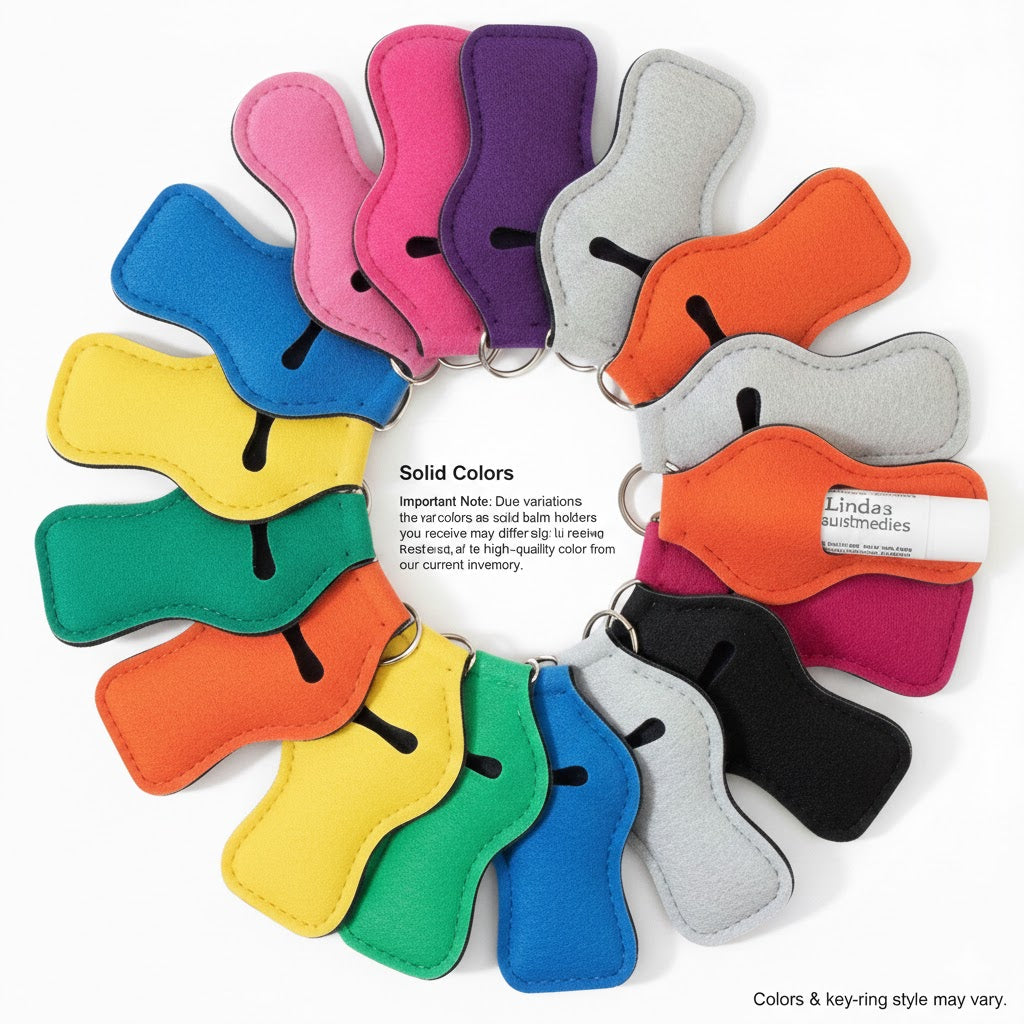 "Rectangular neoprene lip balm holders in solid colors like navy, green, yellow, and pink, arranged in a fan pattern on a white background. Note: Specific colors may vary."