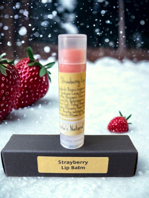 Natural Strawberry lip balm made with botanical oils, handcrafted in Oshawa.