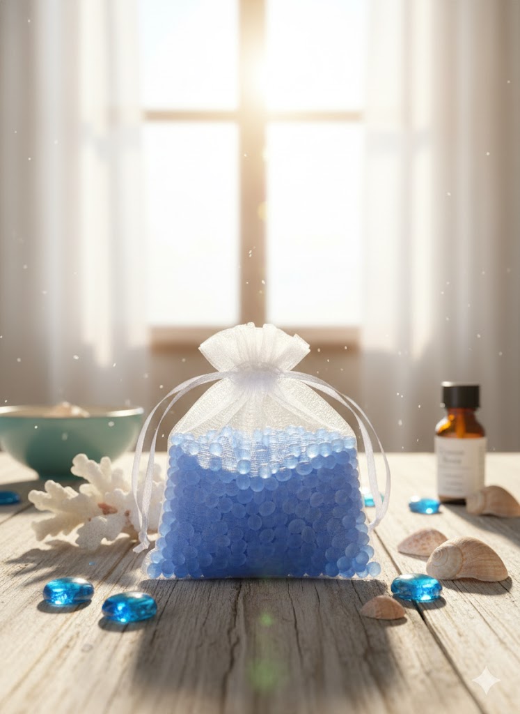 A white organza bag filled with turquoise blue aroma beads and Bye Bye Blue Mica, styled on a wooden table with beach shells and sea glass.