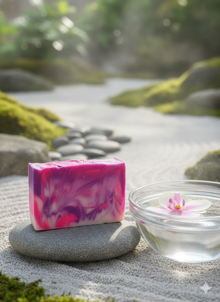 Soap bar sitting on a stone beside a orchid in a bowl of water.
